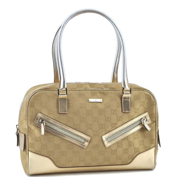 Authentic GUCCI Hand Boston Bag GG Canvas Leather 0021115 Gold Beige H8219