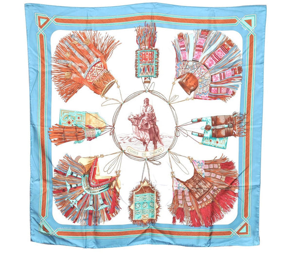 Authentic HERMES Carre 90 Scarf "GUIRS DU DESERT" Silk Light Blue H8232