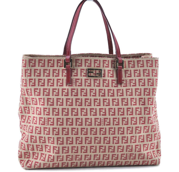 Authentic FENDI Zucchino Hand Tote Bag Canvas Leather Red Beige H8252