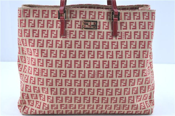 Authentic FENDI Zucchino Hand Tote Bag Canvas Leather Red Beige H8252