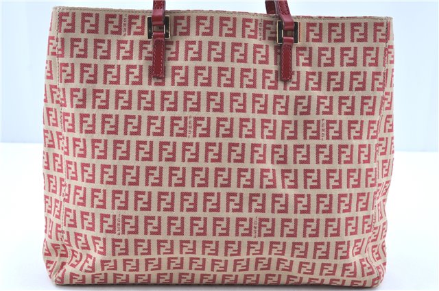 Authentic FENDI Zucchino Hand Tote Bag Canvas Leather Red Beige H8252