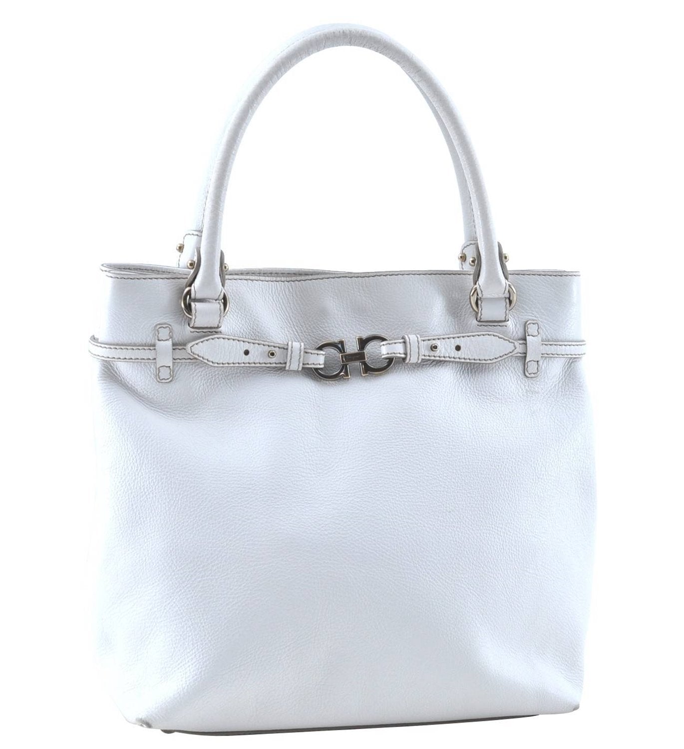 Authentic Ferragamo Gancini Leather Shoulder Tote Bag White H8257