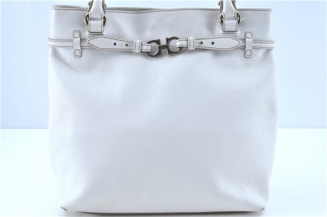 Authentic Ferragamo Gancini Leather Shoulder Tote Bag White H8257