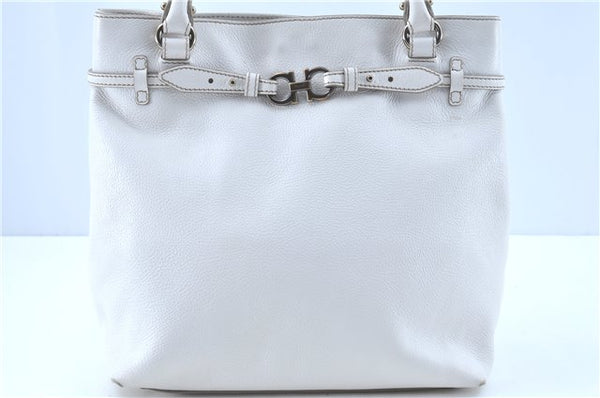 Authentic Ferragamo Gancini Leather Shoulder Tote Bag White H8257