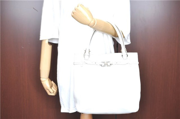 Authentic Ferragamo Gancini Leather Shoulder Tote Bag White H8257