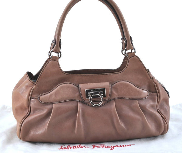 Authentic Ferragamo Gancini Leather Shoulder Tote Bag Brown Pink H8268