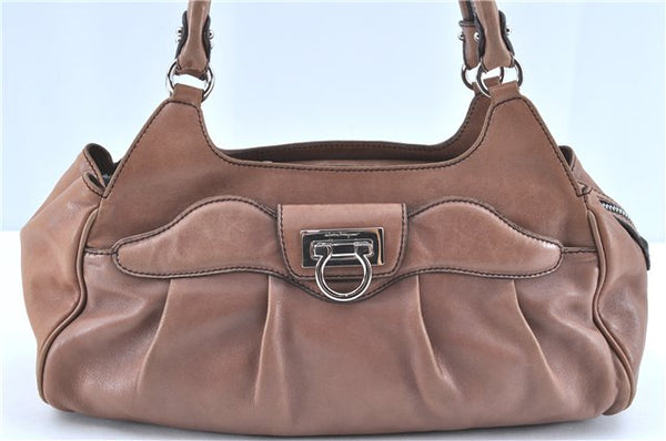 Authentic Ferragamo Gancini Leather Shoulder Tote Bag Brown Pink H8268