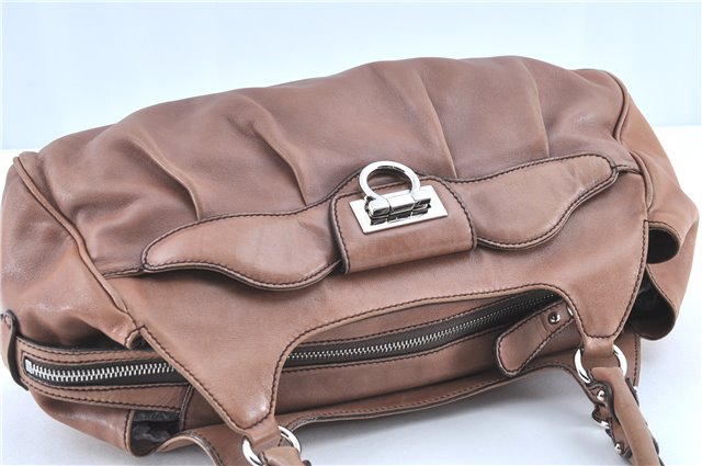 Authentic Ferragamo Gancini Leather Shoulder Tote Bag Brown Pink H8268