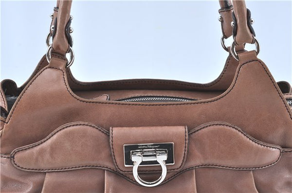 Authentic Ferragamo Gancini Leather Shoulder Tote Bag Brown Pink H8268
