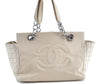 Authentic CHANEL Chocolate Bar Canvas Lamb Skin Chain Tote Bag Beige CC H8486