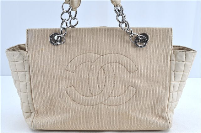 Authentic CHANEL Chocolate Bar Canvas Lamb Skin Chain Tote Bag Beige CC H8486