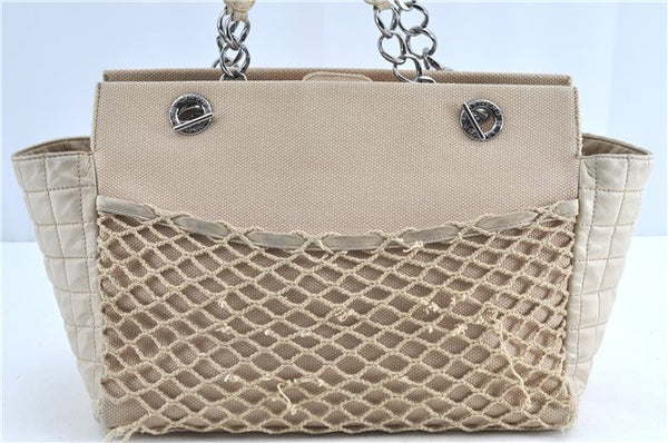 Authentic CHANEL Chocolate Bar Canvas Lamb Skin Chain Tote Bag Beige CC H8486