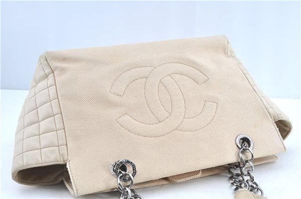 Authentic CHANEL Chocolate Bar Canvas Lamb Skin Chain Tote Bag Beige CC H8486