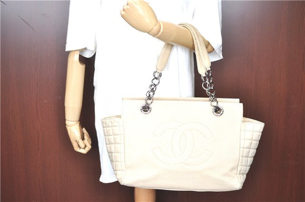 Authentic CHANEL Chocolate Bar Canvas Lamb Skin Chain Tote Bag Beige CC H8486