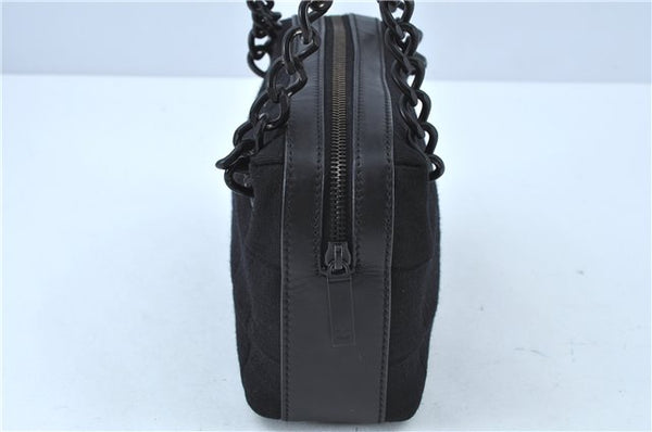 Authentic CHANEL Chocolate Bar Canvas Leather CC Logo Shoulder Bag Black H8604