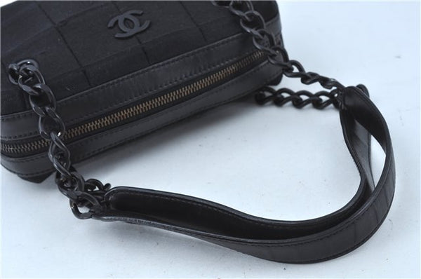 Authentic CHANEL Chocolate Bar Canvas Leather CC Logo Shoulder Bag Black H8604