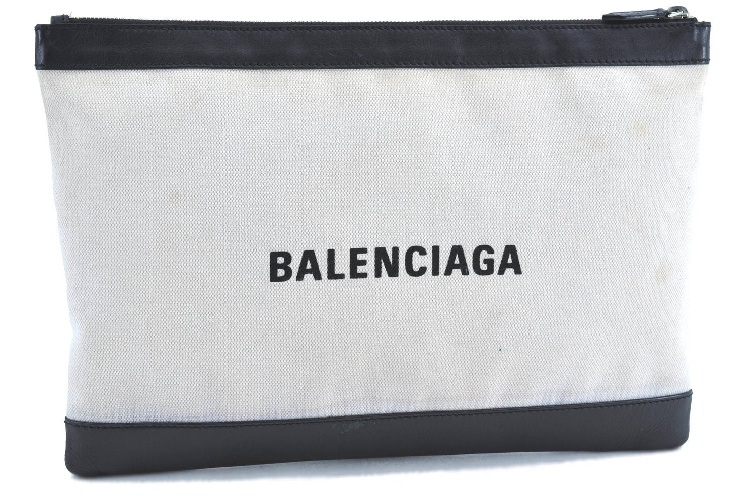 Auth BALENCIAGA Navy Clip L Clutch Bag Canvas Leather 373840 Ivory Black H8630