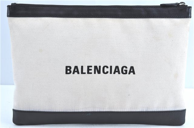 Auth BALENCIAGA Navy Clip L Clutch Bag Canvas Leather 373840 Ivory Black H8630