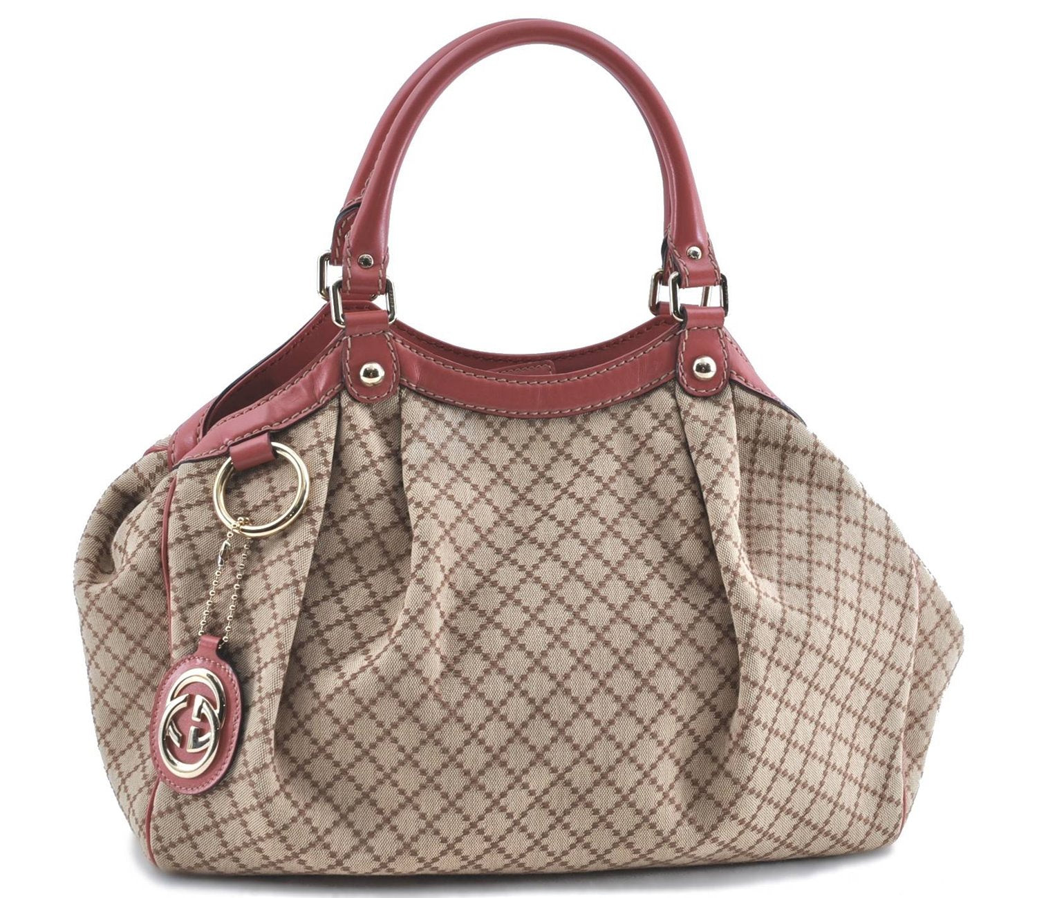 Auth GUCCI Diamante Sukey Hand Tote Bag Canvas Leather 211944 Beige Pink H8872