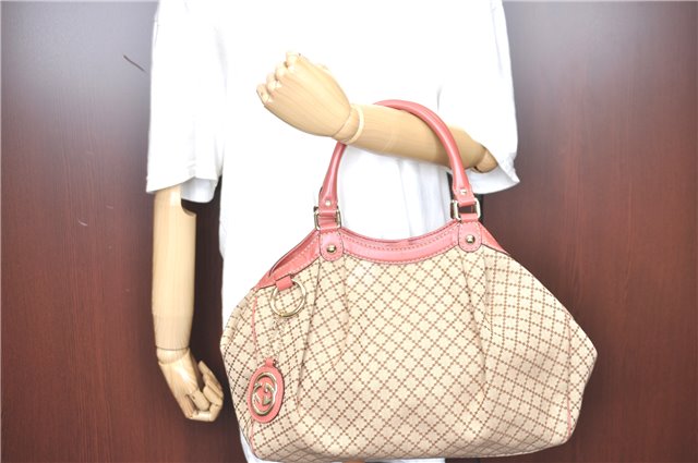 Auth GUCCI Diamante Sukey Hand Tote Bag Canvas Leather 211944 Beige Pink H8872