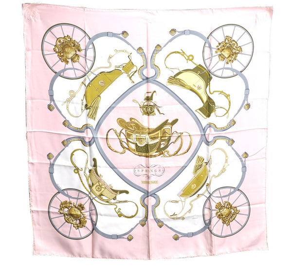 Authentic HERMES Carre 90 Scarf "Springs" Silk Pink Gray H8929