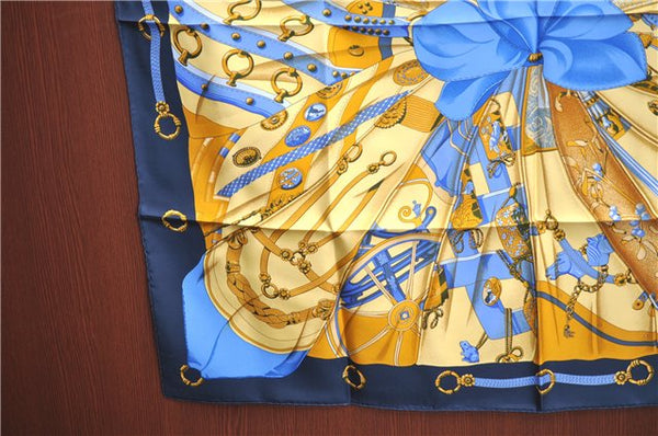 Authentic HERMES Carre 90 Scarf "Soleil de Soie" Silk Navy Blue Box H8931