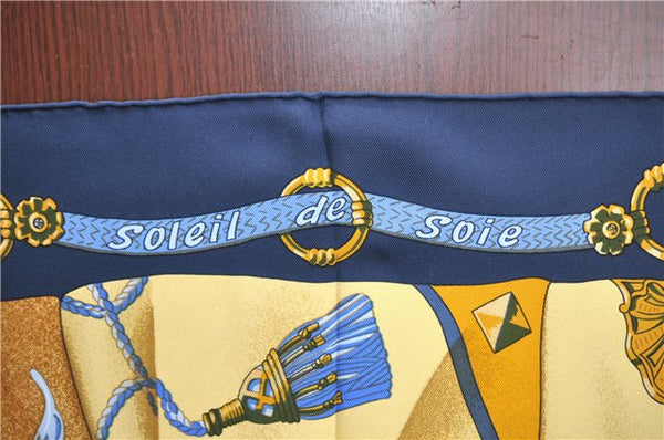 Authentic HERMES Carre 90 Scarf "Soleil de Soie" Silk Navy Blue Box H8931