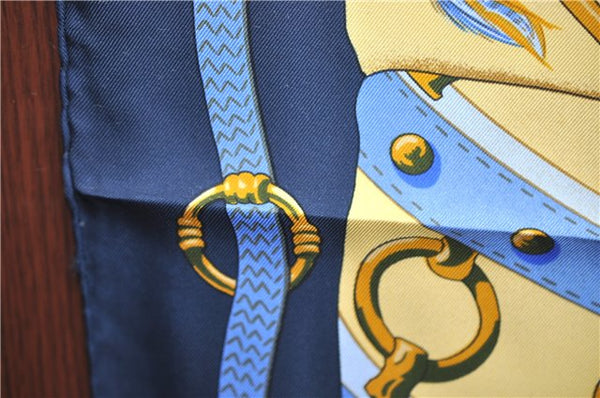 Authentic HERMES Carre 90 Scarf "Soleil de Soie" Silk Navy Blue Box H8931