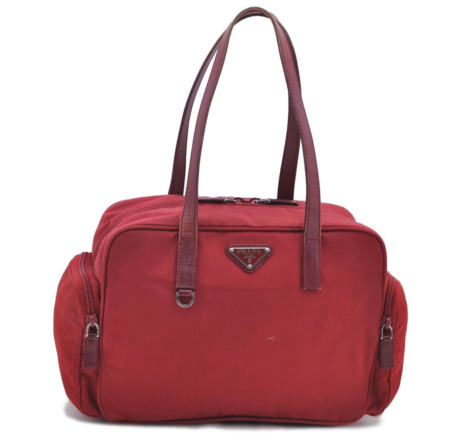 Authentic PRADA Nylon Leather Shoulder Tote Bag Red H8938