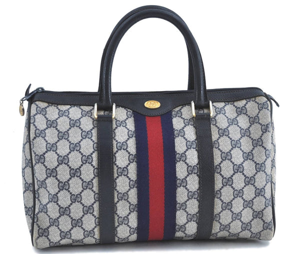 Authentic GUCCI Sherry Line Hand Boston Bag GG PVC Leather Navy Blue Junk H8993