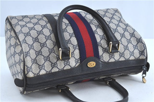 Authentic GUCCI Sherry Line Hand Boston Bag GG PVC Leather Navy Blue Junk H8993