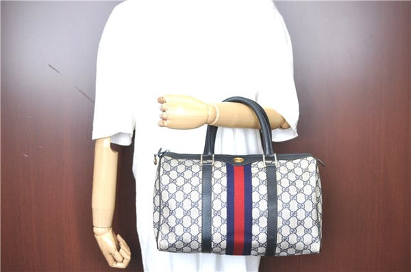 Authentic GUCCI Sherry Line Hand Boston Bag GG PVC Leather Navy Blue Junk H8993