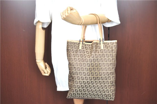 Authentic FENDI Zucchino Hand Tote Bag Canvas Leather Brown H9007