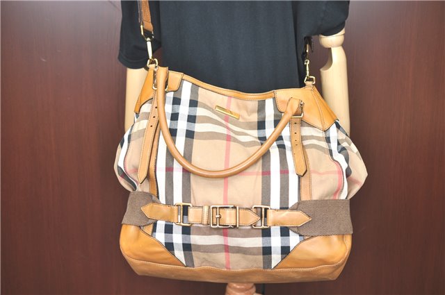 Authentic BURBERRY Nova Check Canvas Leather 2Way Shoulder Hand Bag Beige H9012