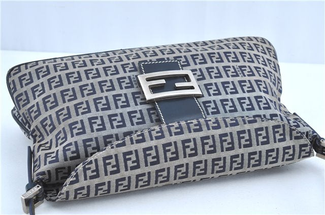 Auth FENDI Zucchino Mamma Baguette Shoulder Bag Canvas Leather Navy Blue H9049