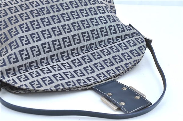 Auth FENDI Zucchino Mamma Baguette Shoulder Bag Canvas Leather Navy Blue H9049