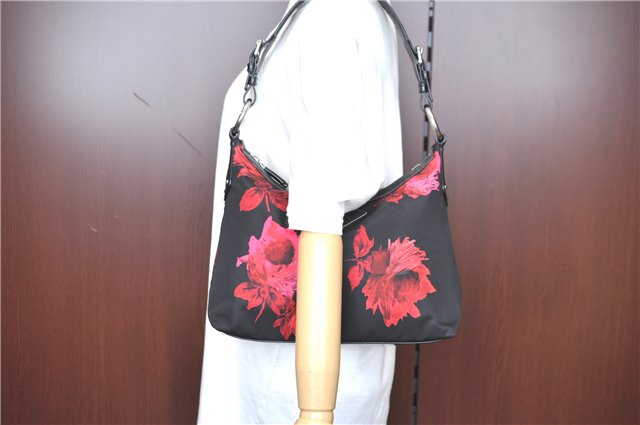 Authentic PRADA Flower Motif Nylon Leather Shoulder Hand Bag BR3134 Black H9052