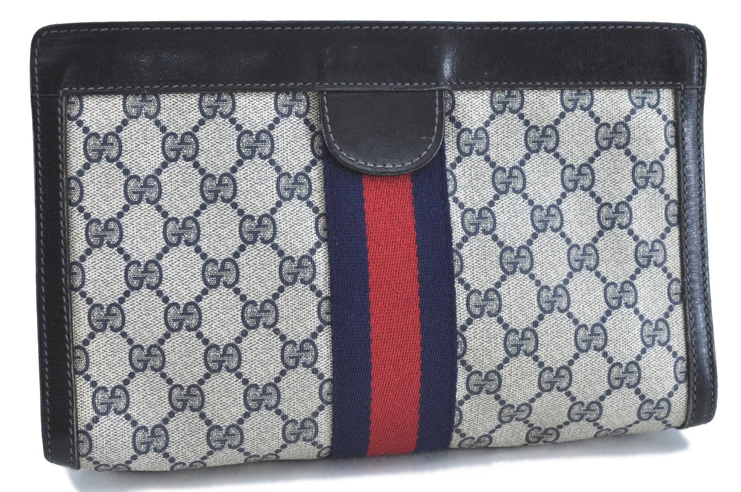 Authentic GUCCI Sherry Line Clutch Bag Purse GG PVC Leather Navy Blue H9071