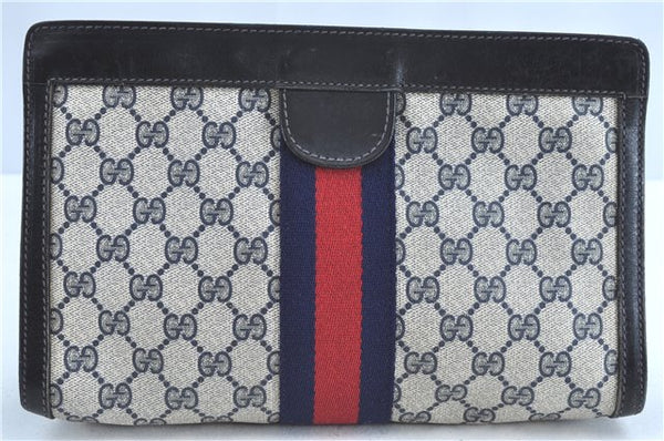Authentic GUCCI Sherry Line Clutch Bag Purse GG PVC Leather Navy Blue H9071