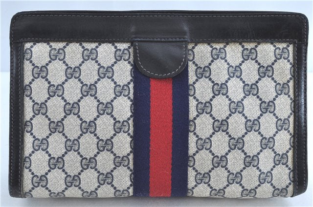 Authentic GUCCI Sherry Line Clutch Bag Purse GG PVC Leather Navy Blue H9071