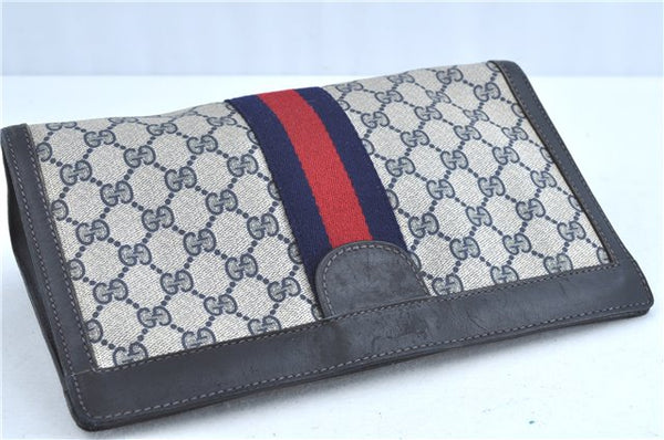 Authentic GUCCI Sherry Line Clutch Bag Purse GG PVC Leather Navy Blue H9071