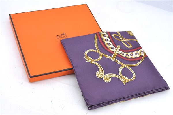 Authentic HERMES Carre 90 Scarf "BRIDE DE COUR" Silk Purple Box H9087