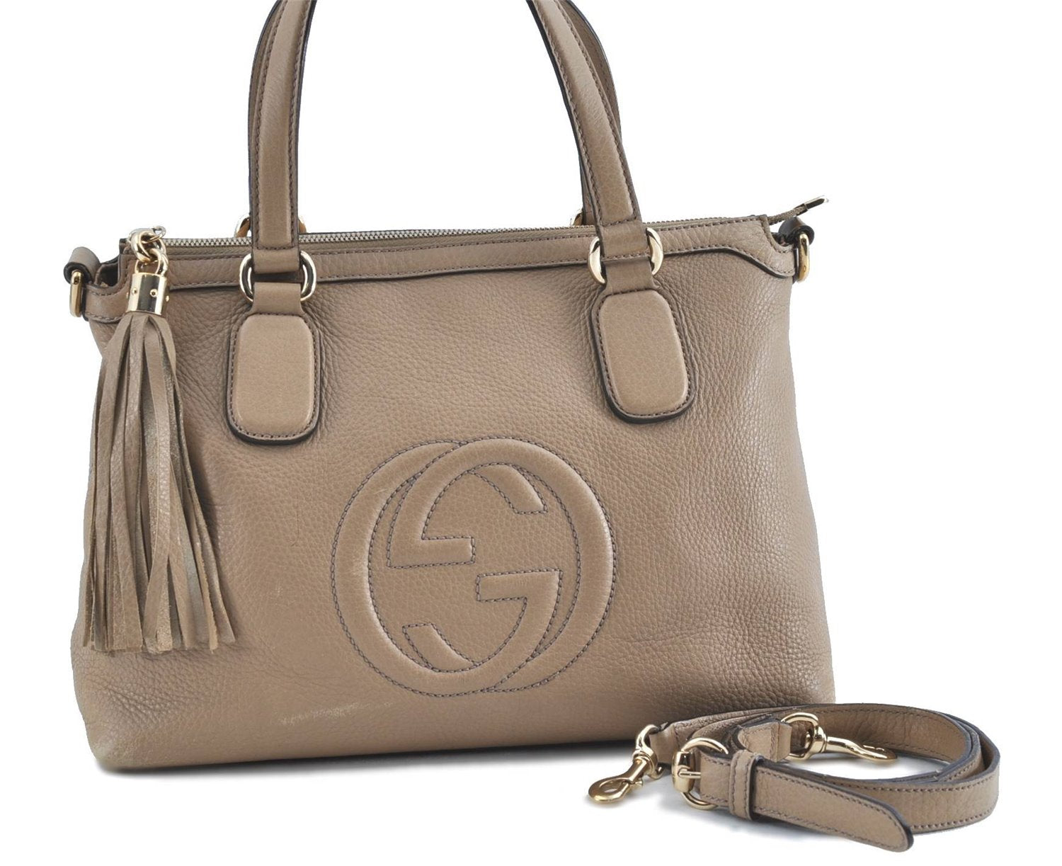 Authenic GUCCI SOHO Tassel 2Way Shoulder Tote Bag GG Leather 308362 Beige H9089