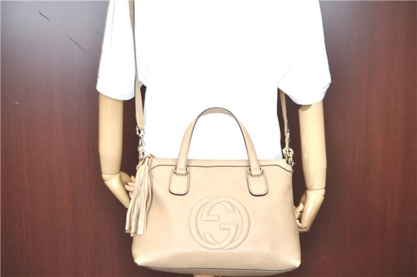 Authenic GUCCI SOHO Tassel 2Way Shoulder Tote Bag GG Leather 308362 Beige H9089