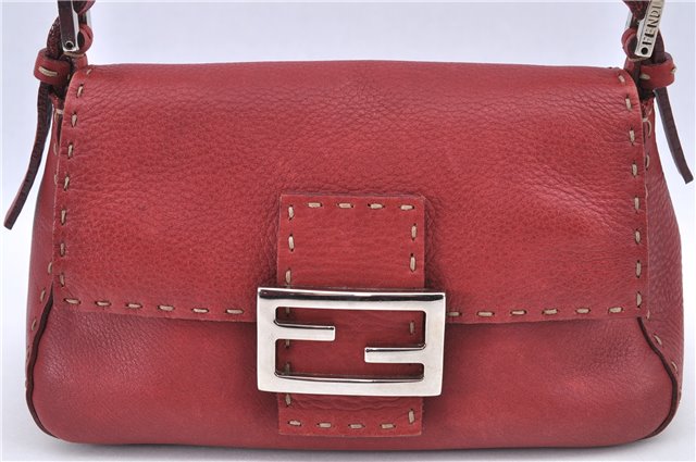 Authentic FENDI Mamma Baguette Shoulder Hand Bag Leather Red H9170