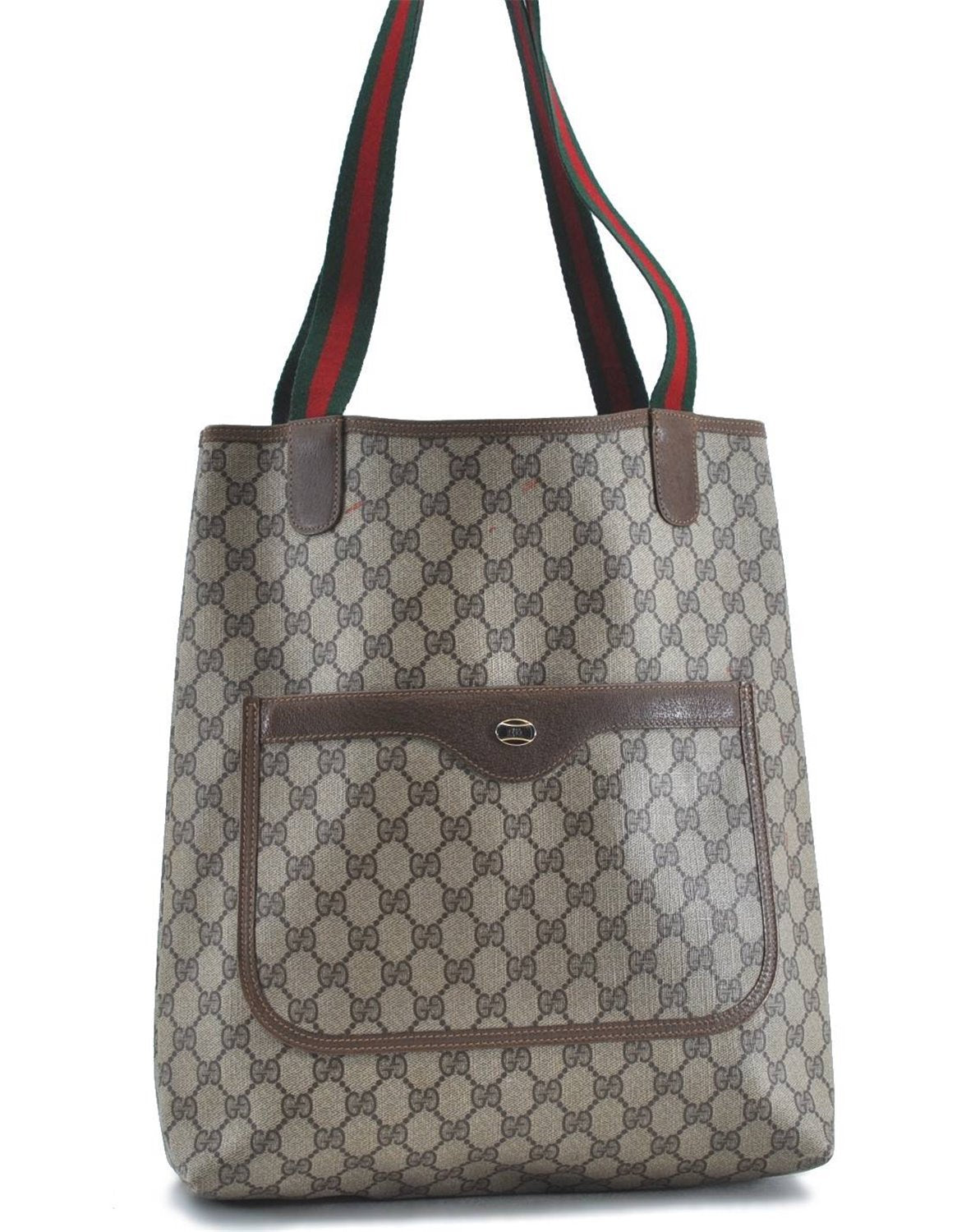 Authentic GUCCI Web Sherry Line Shoulder Tote Bag GG PVC Leather Brown H9240