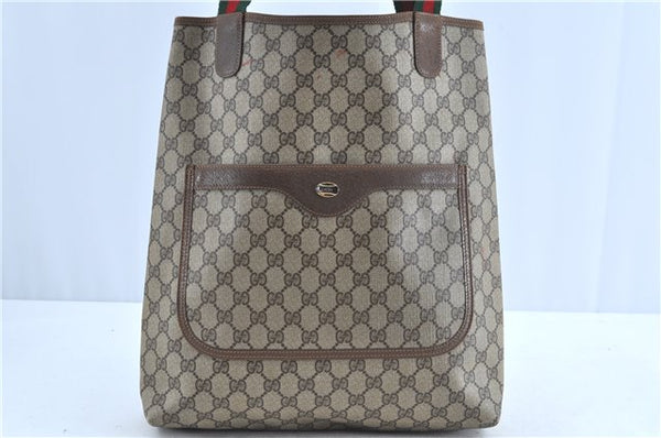 Authentic GUCCI Web Sherry Line Shoulder Tote Bag GG PVC Leather Brown H9240