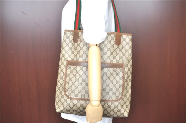 Authentic GUCCI Web Sherry Line Shoulder Tote Bag GG PVC Leather Brown H9240