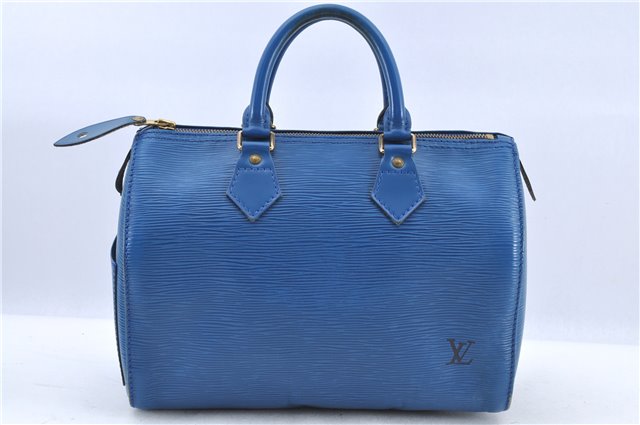 Authentic Louis Vuitton Epi Speedy 25 Hand Bag Blue M43015 LV H9253