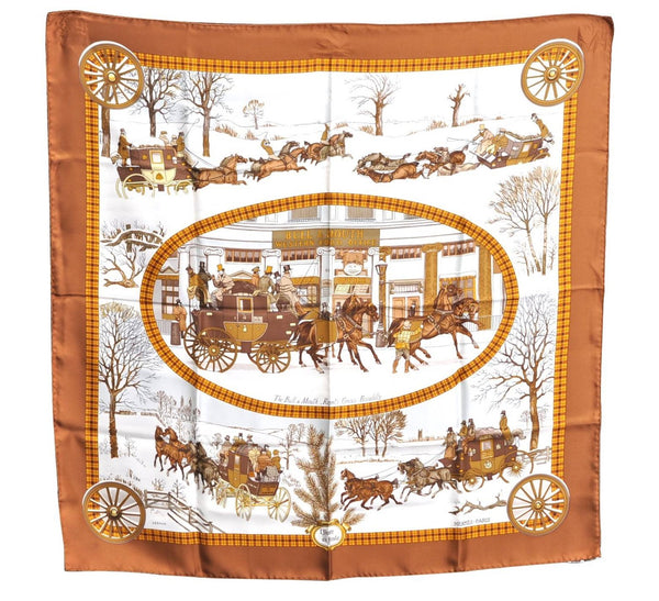 Authentic HERMES Carre 90 Scarf "The Bull & Mouth Regents" Silk Brown H9260